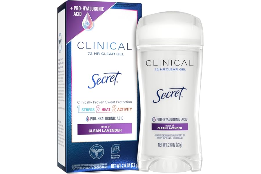 Secret Clinical Strength Antiperspirant Deodorant for Women, 3X Stress Protection, 72hr Sweat & Odor Protection, PH Balancing Minerals, Clear Gel, Clean Lavender Scent, 2.6 oz
