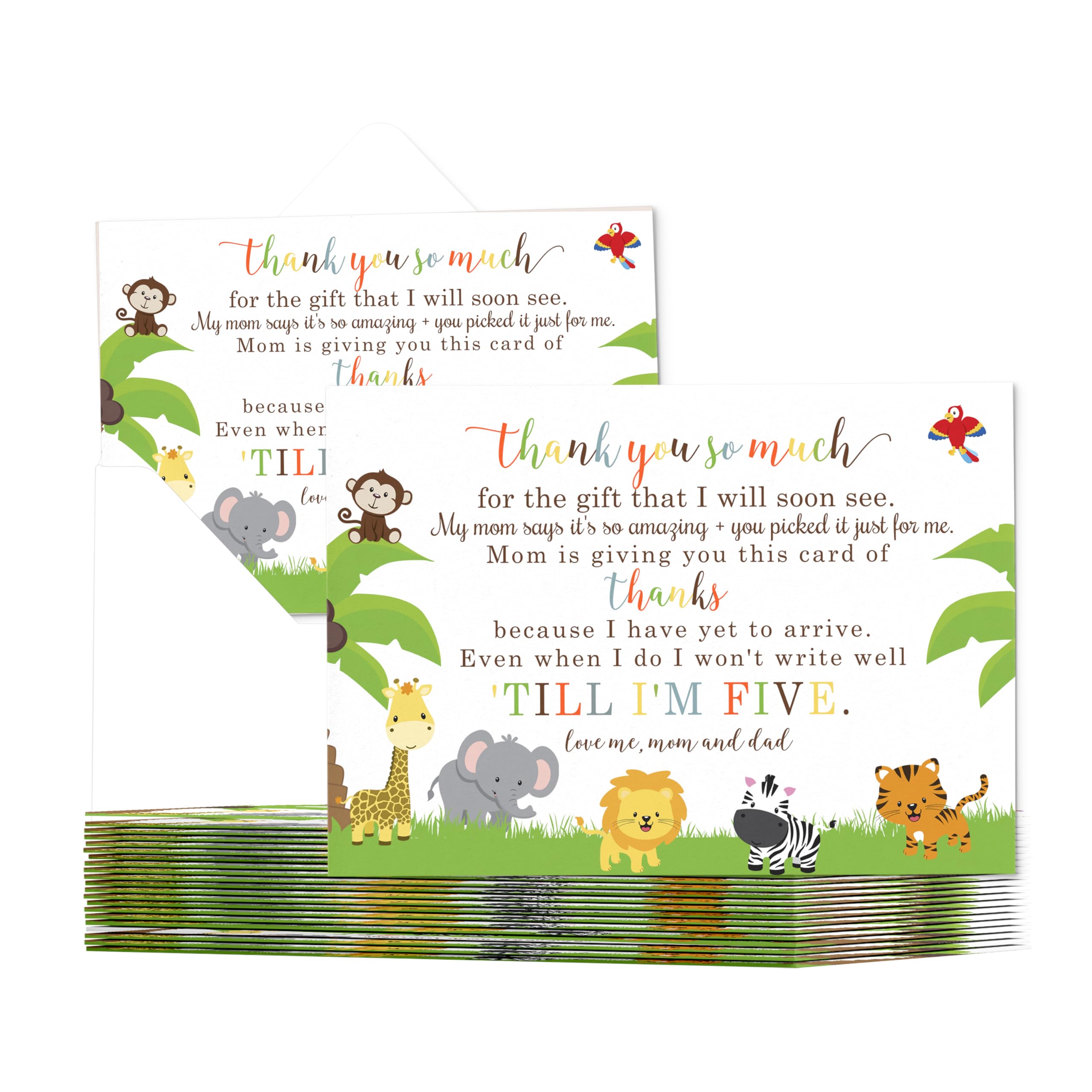 Cute Jungle Baby Shower Thank You Cards with Envelopes (25 Pack) Preprinted Message from Baby Boys or Girls with Customizable Space for Handwritten Note from New Parents, 4x6 Double-Sided Card