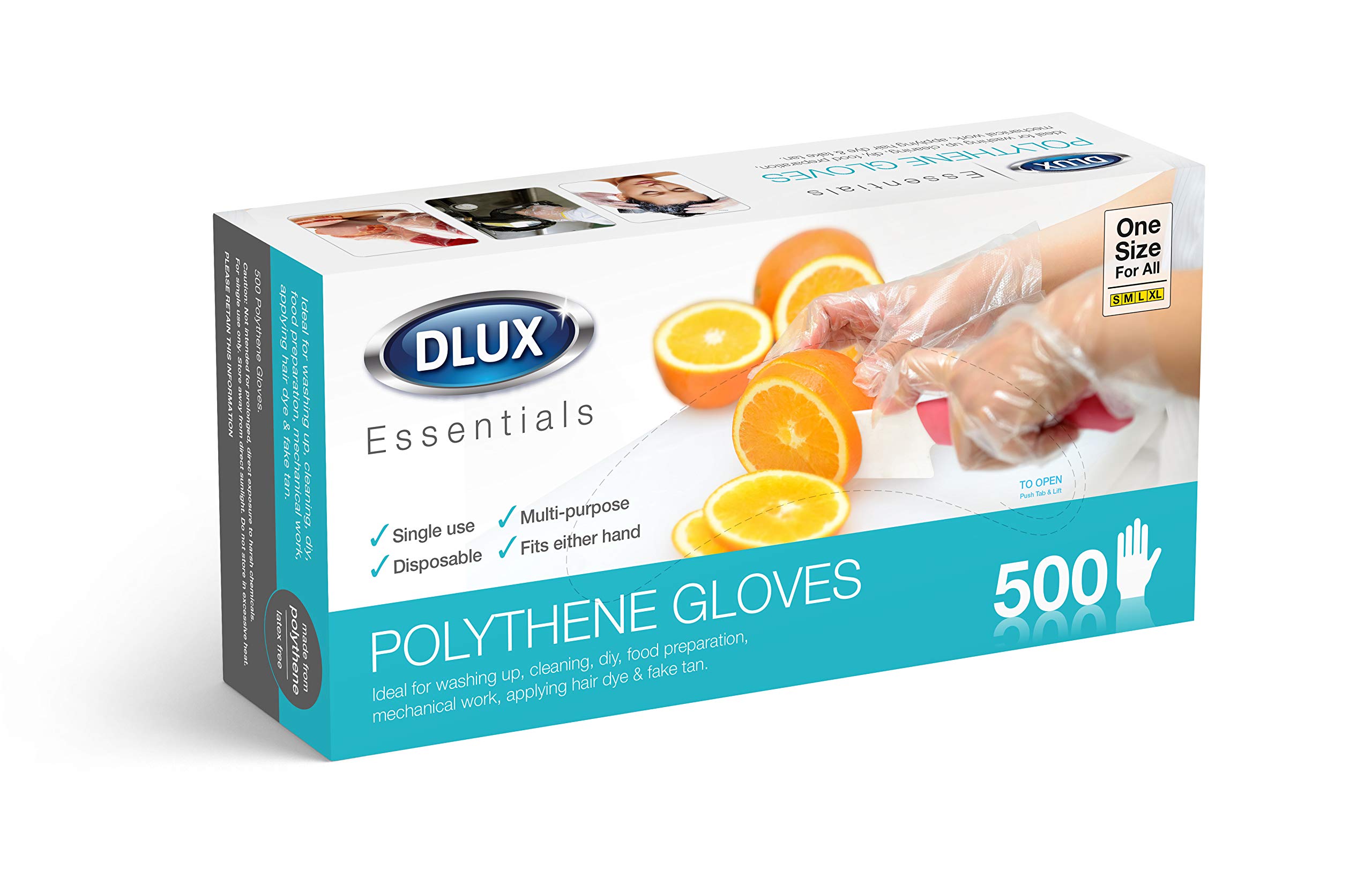 DLUX Box of 500 Disposable Polythene Gloves Clear One Size Multi-Purpose Latex Free Powder Free Lightweight Plastic Food Preparation Hair Dye Fake Tan Cleaning