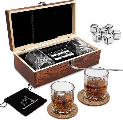 AYAOQIANG Whiskey Gift Set 2 Glasses Stones Coasters Wood Box</80 chars