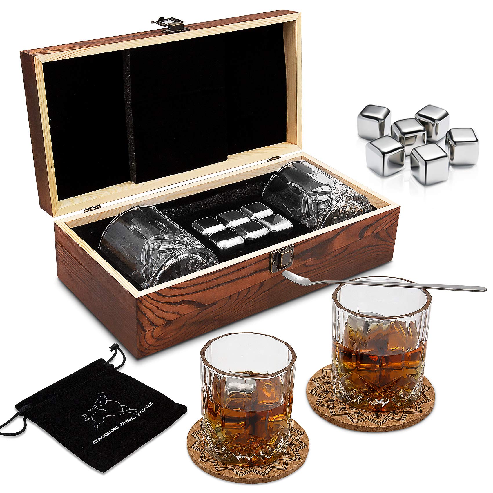 Whiskey Gift Sets for Men,Whisky Glass Set of 2,Stainless Steel Whisky Reusable Ice Stone Cubes,Gift for Birthday,Father‘s Day