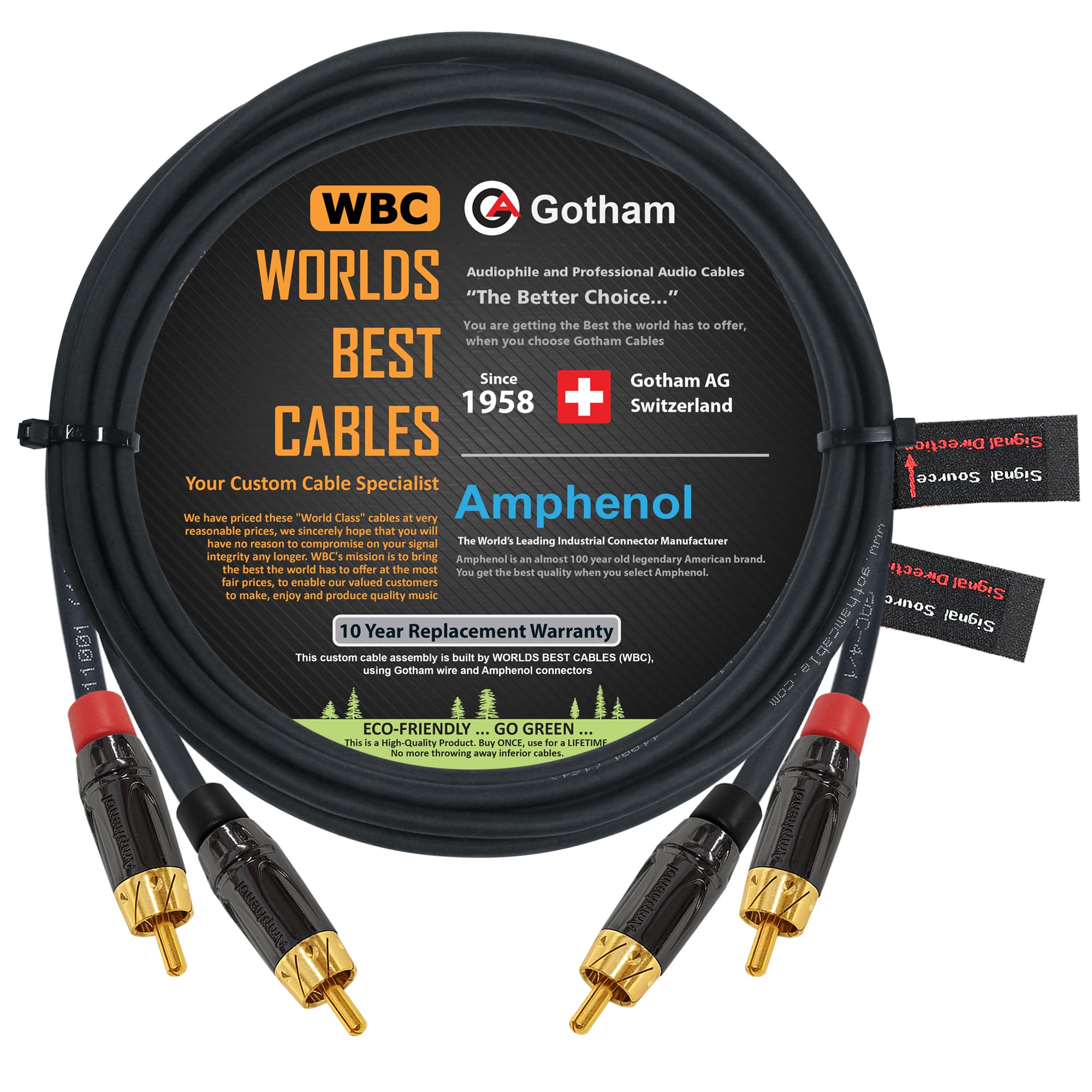 WORLDS BEST CABLES 3 Meter RCA Cable Pair - Gotham GAC-4/1 (Black) Star-Quad Balanced Audio Interconnect Cable with Amphenol ACPL Black Chrome Body, Gold Plated RCA Connectors - Directional