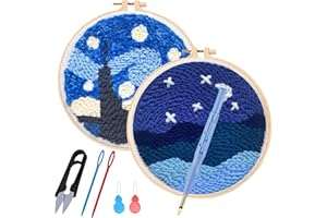 Allazone Punch Needle Embroidery Starter Kits, Pattern Punch Needle Kits Threader Fabric Embroidery, Punch Needle with Adjustable Embroidery Pen for Adults Kids Beginner (Moonlight & Lakeside)