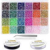 EuTengHao 14400pcs Tube Beads Bugle Glass Seed Beads, Small Craft Spacer Beads for DIY Bracelet Necklaces Crafting Jewelry Making Supplies with Two Crystal String (3mm, 600 Per Color, 24 Colors)