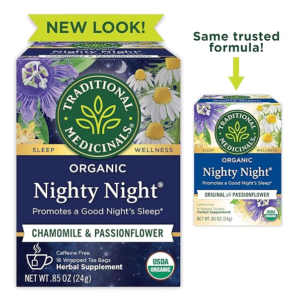 TRADITIONAL MEDICINALS ORGANIC NIGHTY NIGHT WITH PASSIONFLOWER HERBAL TEA, PROMOTES A GOOD NIGHT’S SLEEP, (PACK OF 1) – 16 TEA BAGS
