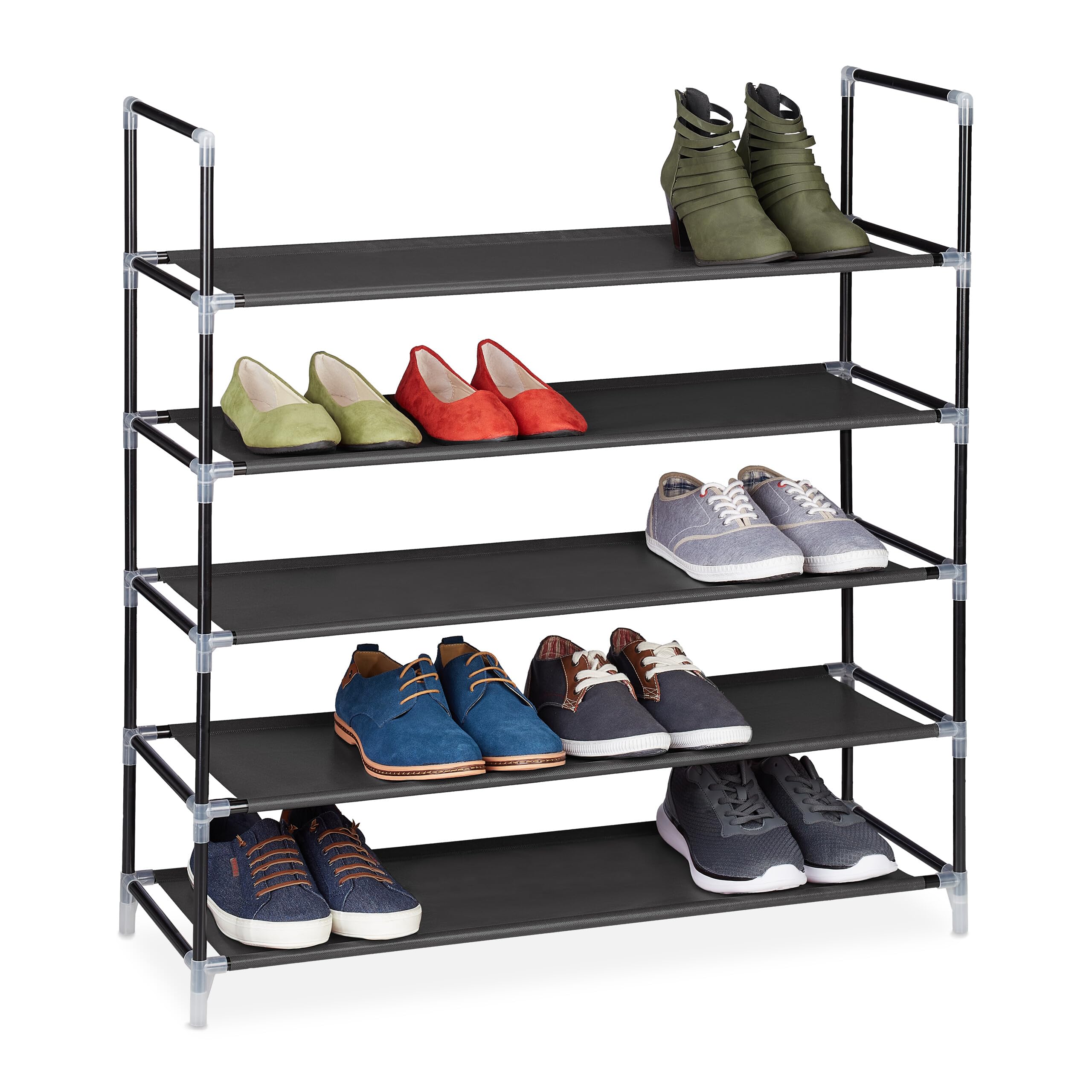 Relaxdays Shoe Rack With Handles, Fleece Fabric, 90.5 x 87 x 29.5 cm, 5 Shelves For up to 25 Pairs of Shoes, Black