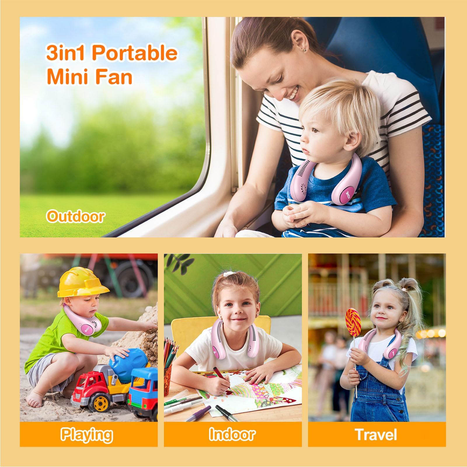 Kids Neck Fan, Bladeless Neck Fan for Kids with Unicorn Sticker, 2600mAh Portable Rechargeable Cooling Fan for 4-14Y Girls, Personal Fans for Your Neck for Travel, 4 Speeds, Lightweight, Safe