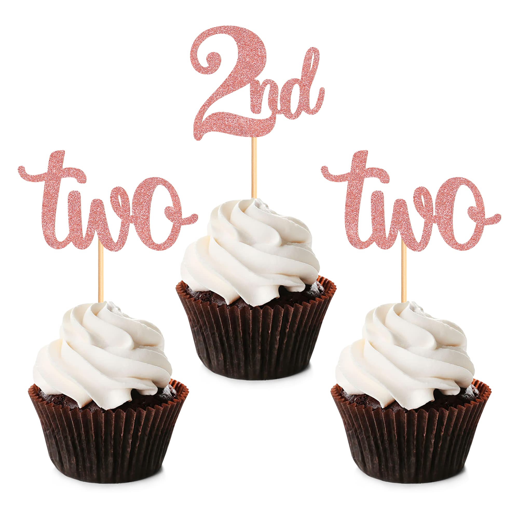 Blumomon 24Pcs Two Cupcake Toppers Glitter 2nd Birthday Cupcake Picks for Baby Shower Second Birthday Party Cake Decorations Supplies Rose Gold