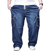 Men's Big and Tall Cargo Jeans Relaxed Fit Stretch Denim Pants Drawstring Waist Baggy Jeans with Pockets 2XL-6XL