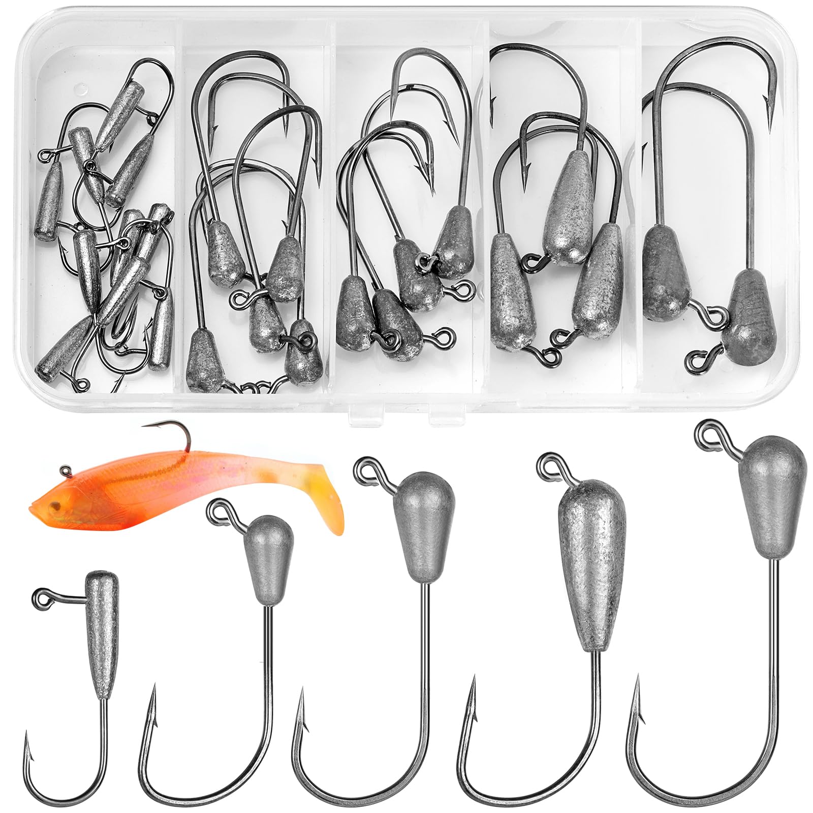 Annyswit 24 Pcs/5 Sizes Tube Jig Heads Fishing Hooks Kit 9g 6g 4.5g 3g 1.5g Sharp Small Sea Fishing Jig Heads Hooks in Plastic Storage Box for Soft Lure & Bass Trout Fishing