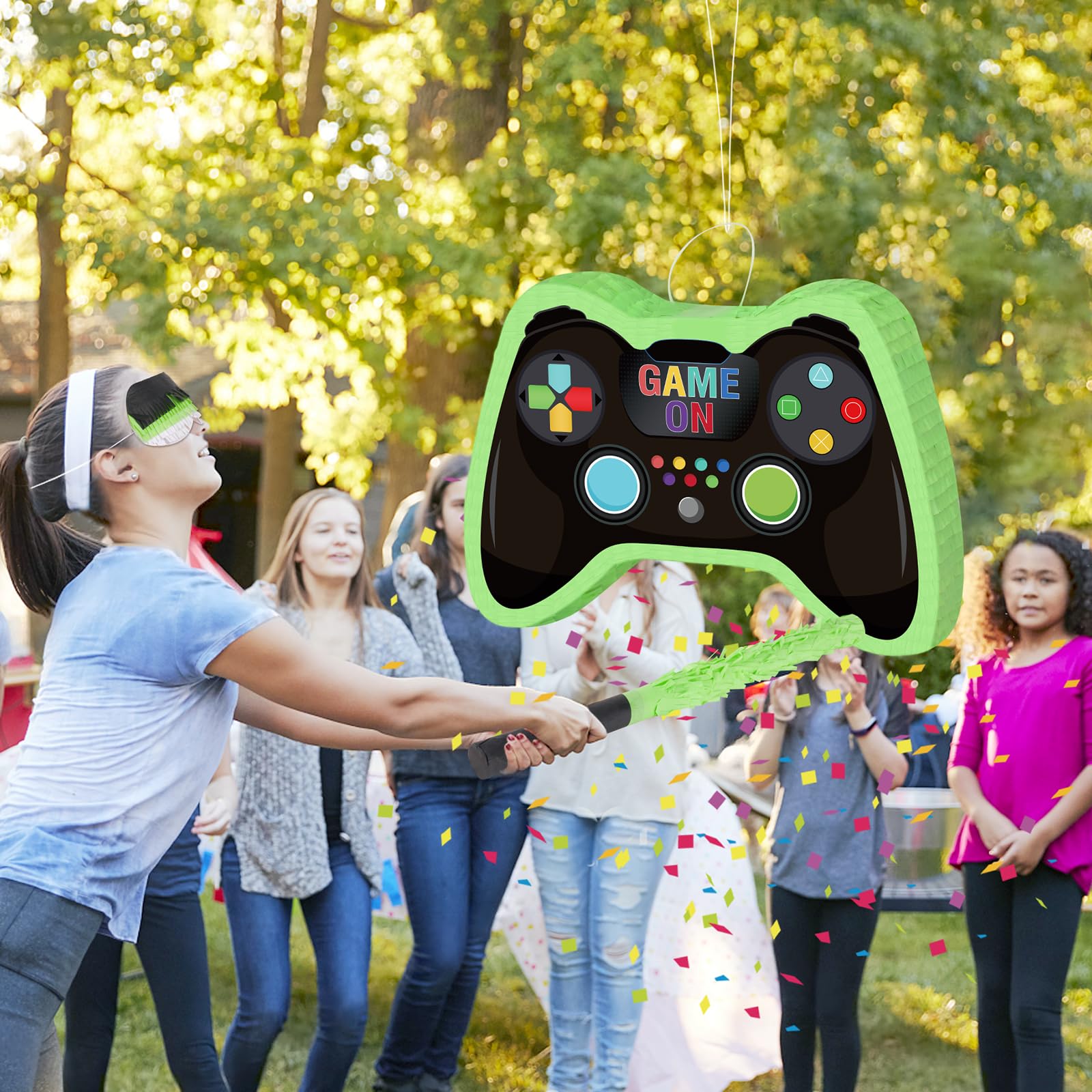 Video Game Controller Pinata with Blindfold and Stick Large Pinata Game Party Supplies for Kids Boy Gaming Theme Birthday Party Supplies Carnival Activity Decorations