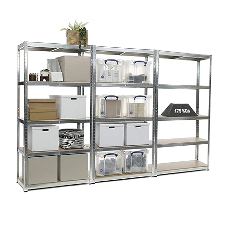 Hochbelastbares, verzinktes Stahlregal für die Garage, 3 Gestelle, Garagenregal, 5 Etagen, 175 kg Traglast pro Regalboden, 18