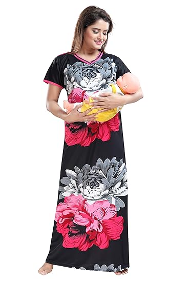 Women's Sarina Invisble Zip Feeding/Maternity Nighty/Night Gown/Nightwear (Size; Free) (Pink-04)