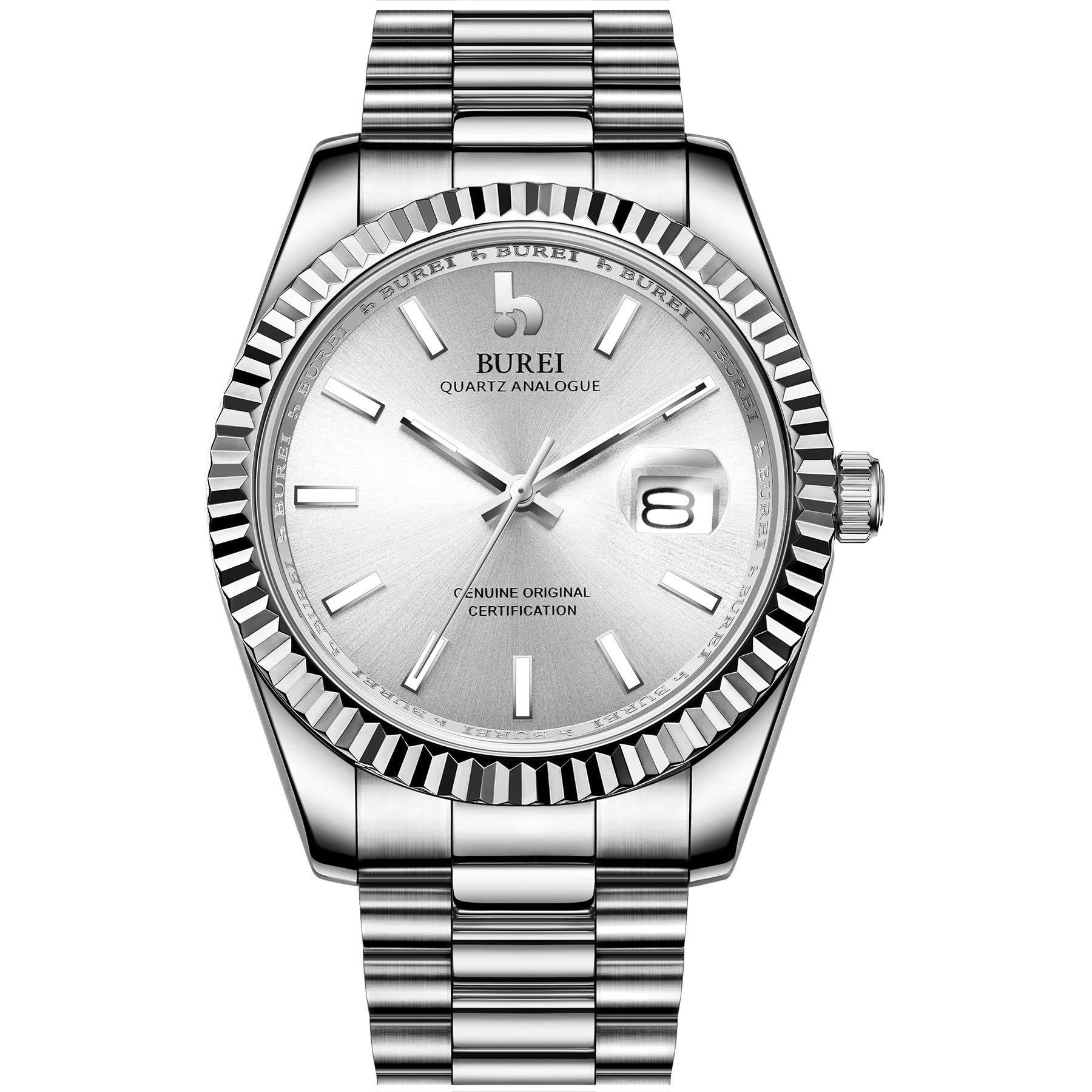 BUREI Men's Quartz Watches Analog Display Date Wristwatch Sapphire Glass Lens and Stainless Steel Band (Silver)