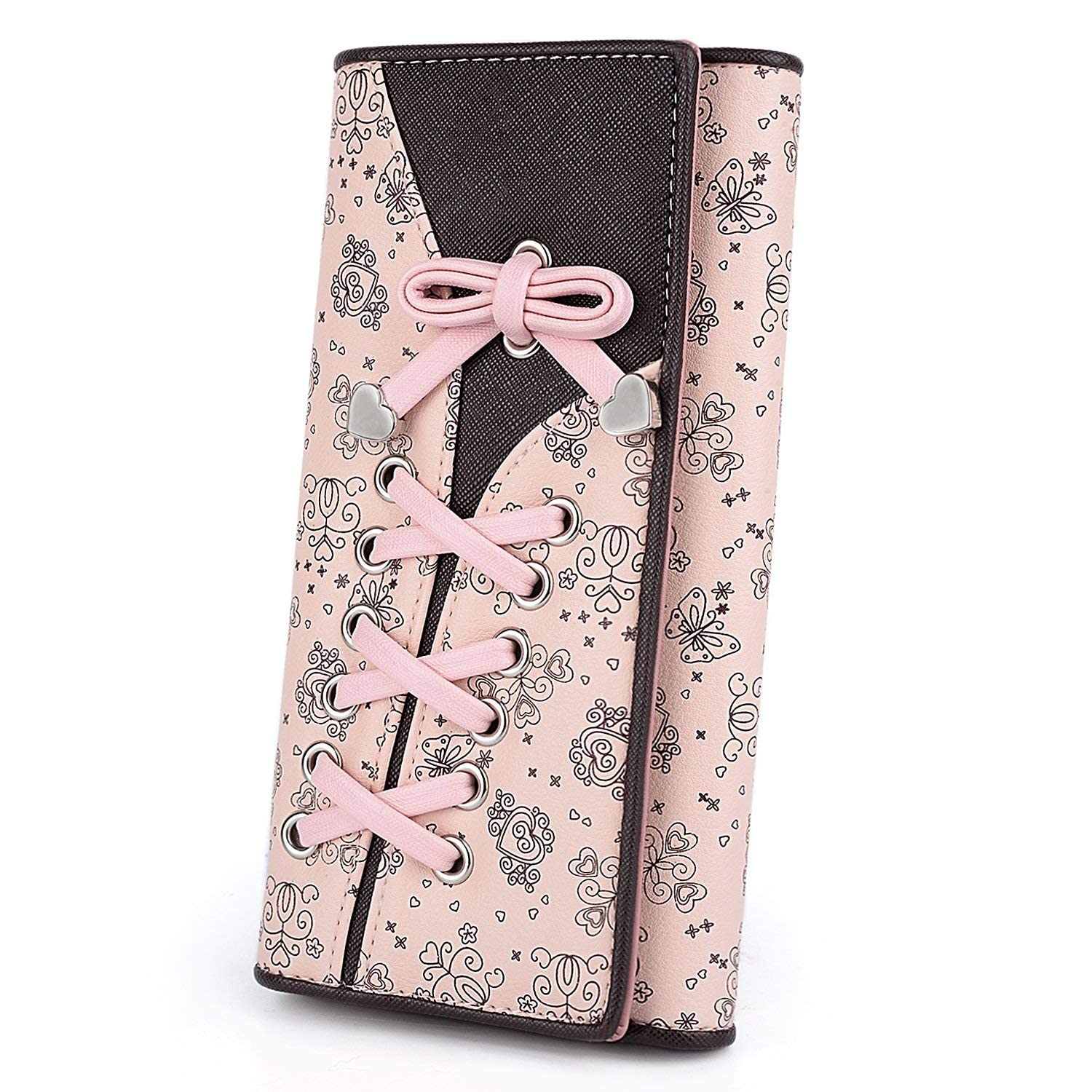 UTO RFID Purse for Women Butterfly Knot Ladies Card Wallet 11 Slots 2 ID Windows Pink