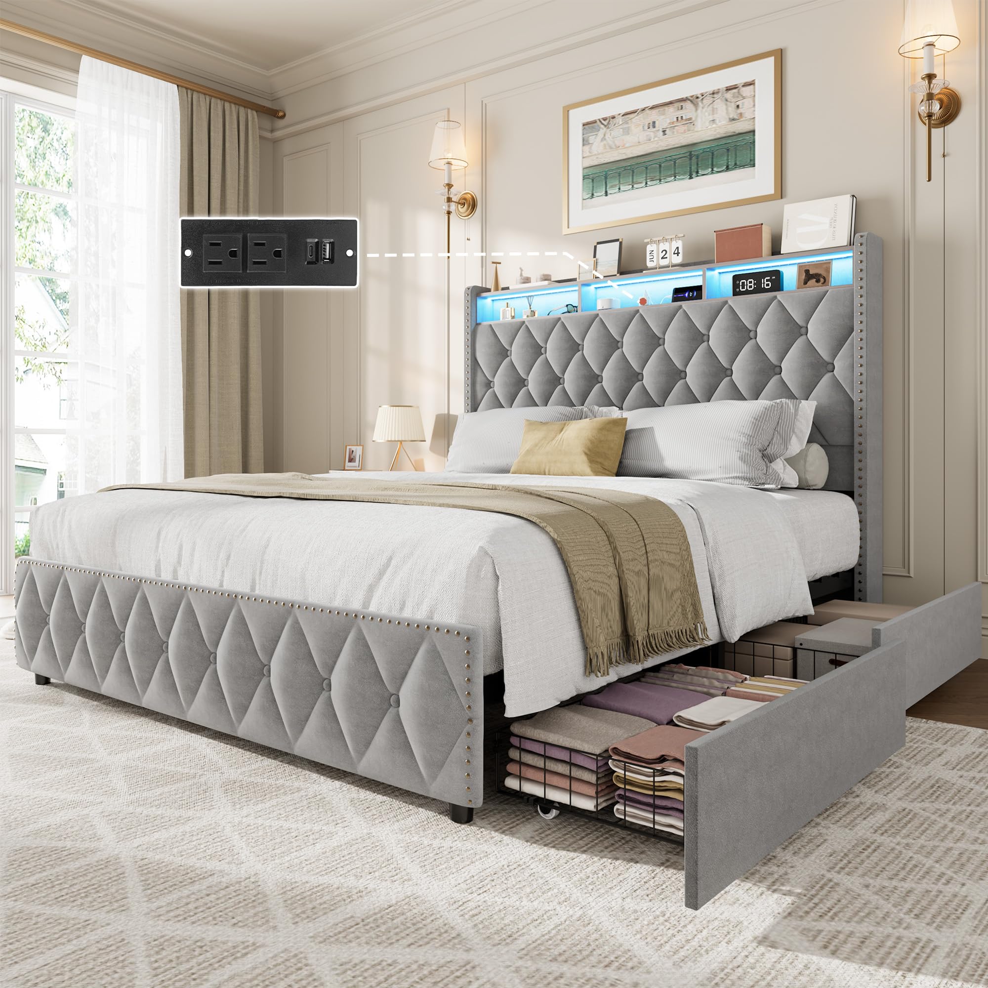 Photo 1 of **SCRAPE DAMAGE ONLY RAILS**GarveeHome King Size Bed Frame with 50.8" Tall Headboard, Platform Velvet Upholstered Bed Frame with 4 Storage Drawers, USB Charging Station, Led Lights, No Box Spring Needed, Easy Assembly, Dark Grey