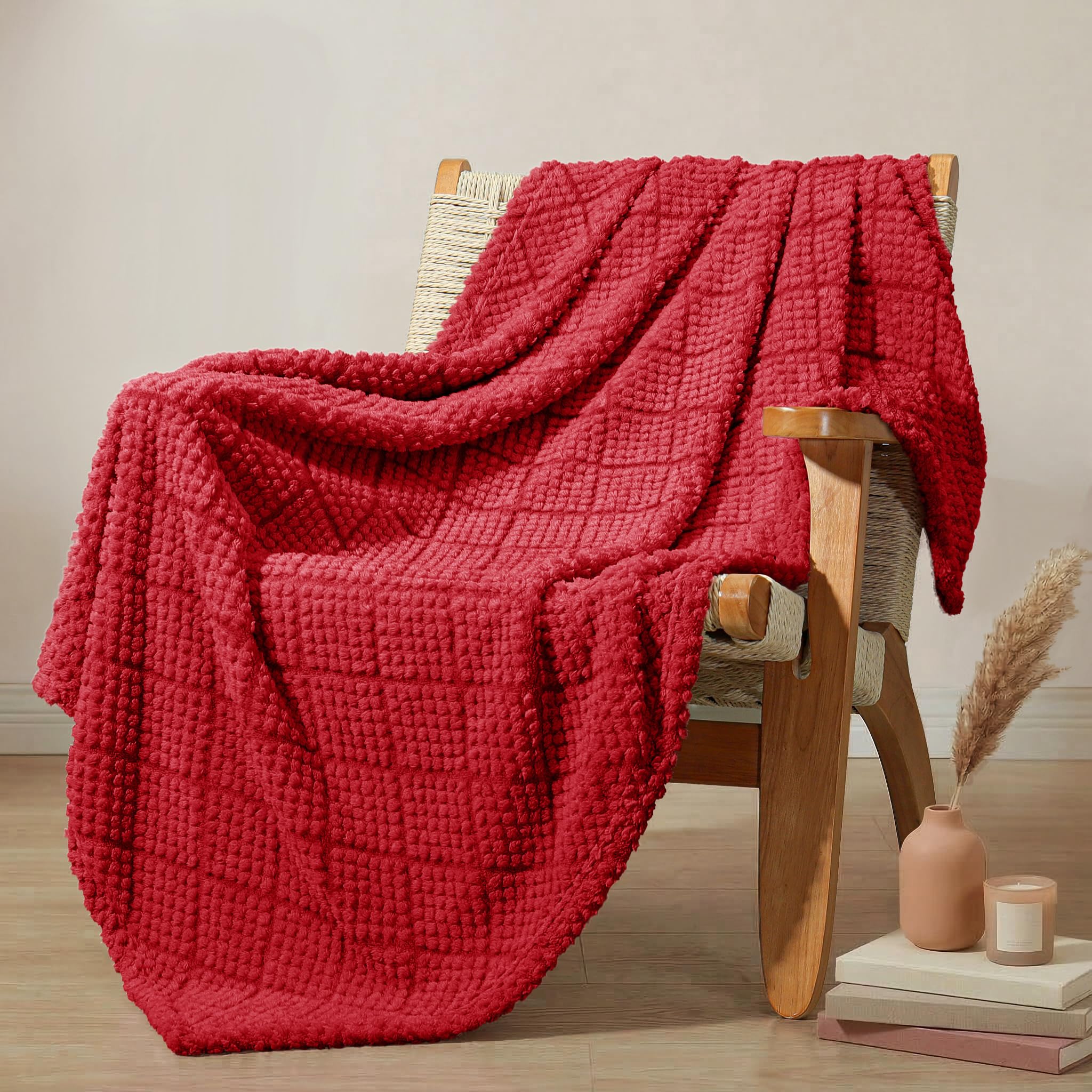 Whale Flotilla Fuzzy Fleece Throw Blanket for Sofa, Couch, Bed, 130x150 CM Soft Fluffy Jacquard Waffle Blankets for All Season, Lightweight and Warm, Red