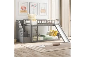 BELLEMAVE Twin Over Twin Bunk Beds with Slide, Low Bunk Bed Frame with Storage Drawers Stairway Wood Bunk Bed with Slide for Kids Boys Girls, Gray Finish