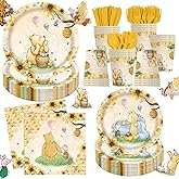 140pcs Classic Bear Baby Shower Decorations Baby Shower Party Tableware with Plates, Napkin, Forks, Cups for Birthday Party Supplies Set Serves 20 Guests (Yellow)