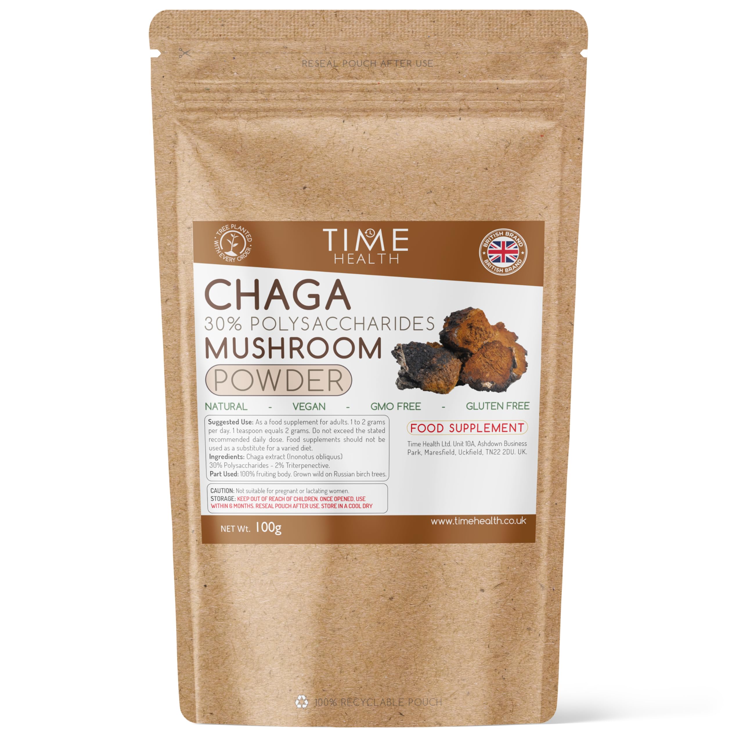 Chaga Mushroom Extract - 100g Powder - Russian Wild Grown - 30% Polysaccharides - 2% Triterpenes - Dual Extracted - Zero Additives (100 Powder Pouch)