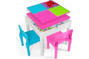 Play Platoon Kids Table and Chairs Set, Toddler 5 in 1 Pastel Activity Table - Sensory, Water, Art, Picnic, Blocks with Storage for Girls Ages 2 to 8 - with Pink and Blue Chairs