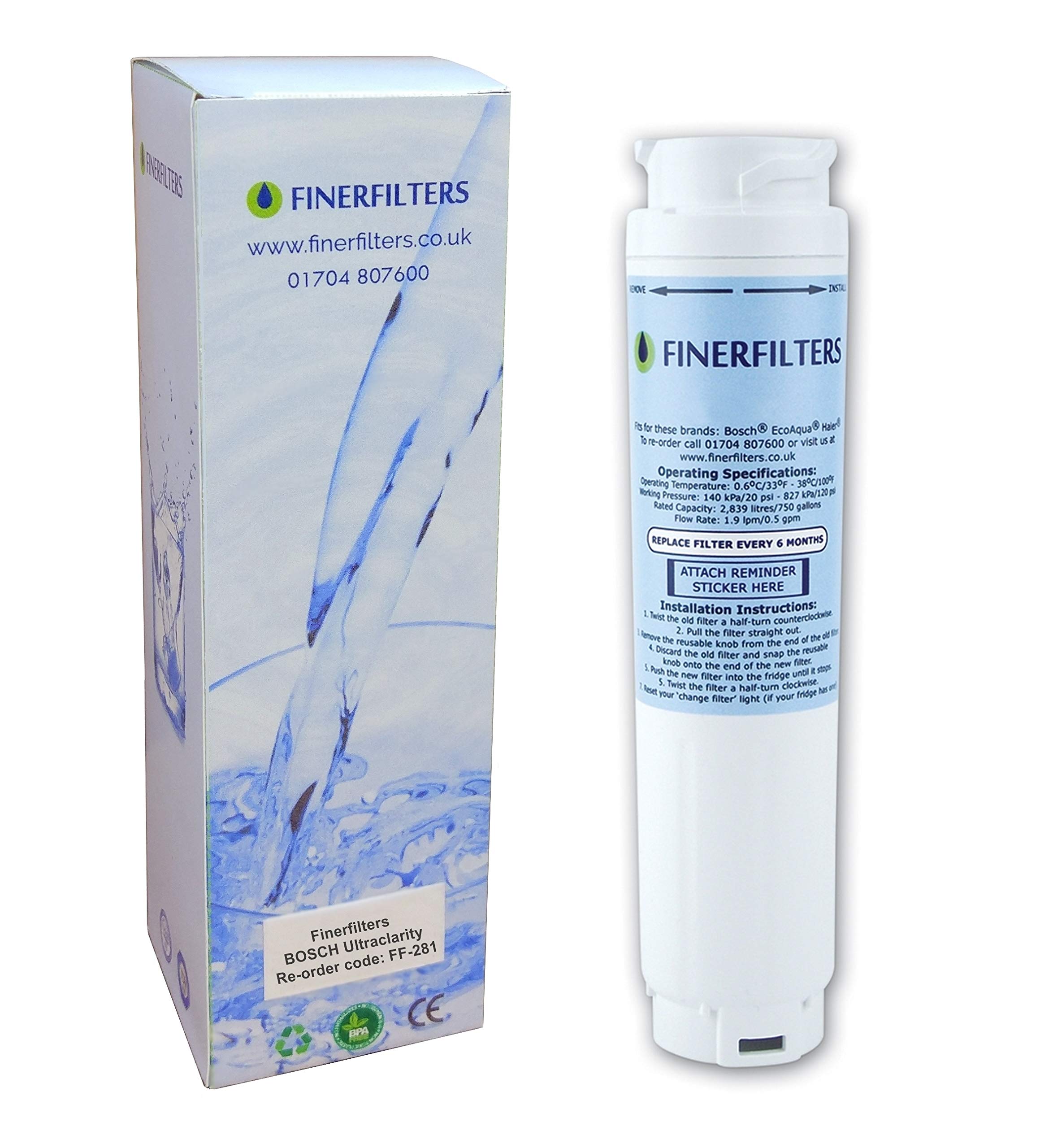 Finerfilters FF-281 Fridge Water Filter Compatible with UltraClarity 644845 Fridge Water Filter also Compatible with Bosch, Siemens, Neff, Miele