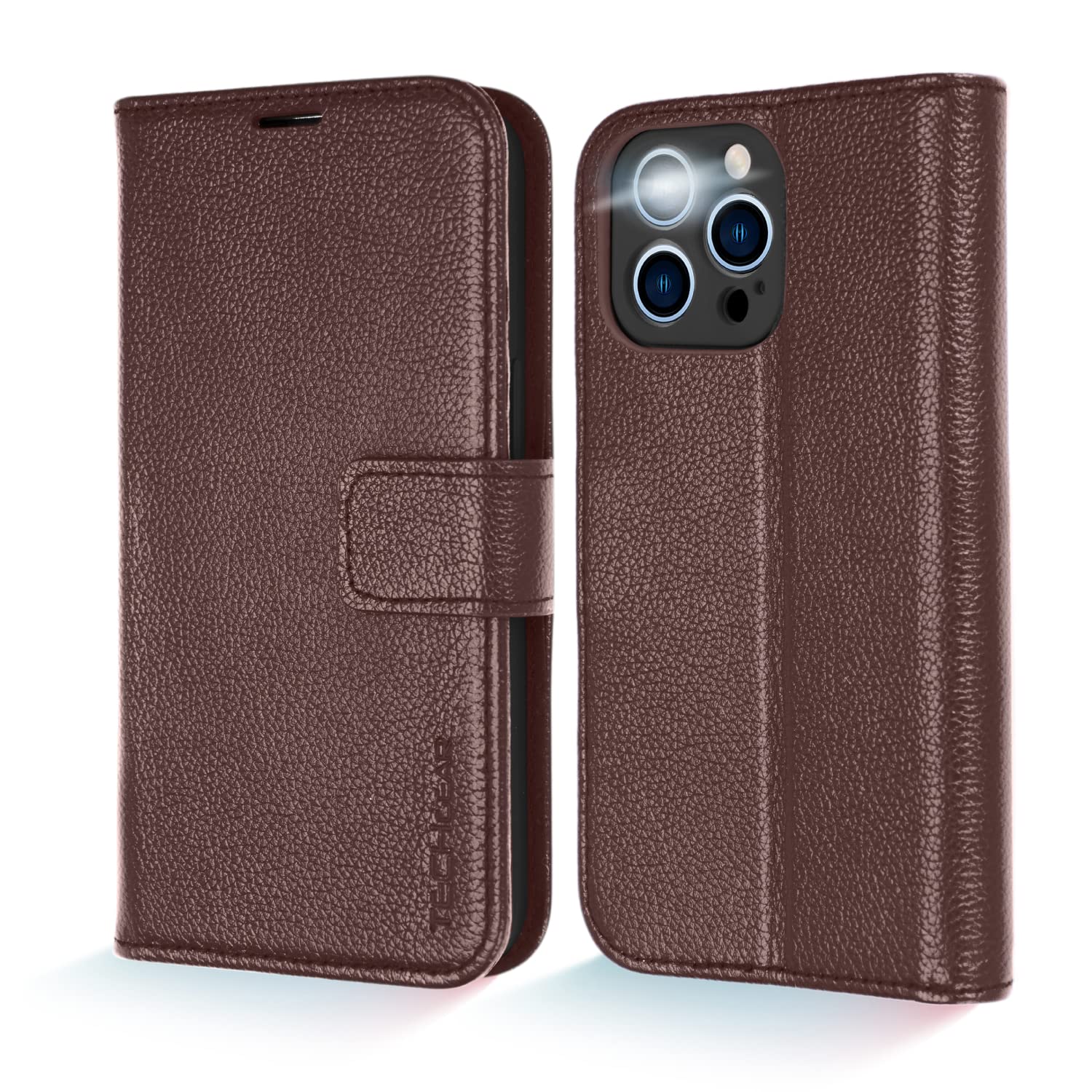 TECHGEAR Wallet Case for iPhone 13 Pro, Genuine Leather Magnetic Flip [RFID Blocking] Case with Shockproof TPU Holder, Card Slots, Stand Folio Cover Compatible with iPhone 13 Pro 6.1" 2021, Brown