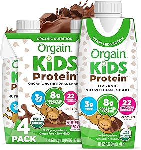 Orgain Organic Kids Dairy 8g Protein Shake, Chocolate, 8.25 oz, 4pk | Nutritional drink, grass-fed protein, 22 vitamins & min