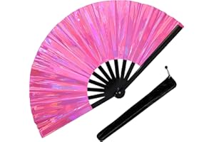 PUGPIU Fans for Line Dancing, 1 Pcs Boots On The Ground Hand Fan, Large Clacking Pop Fans That Make Sound, Women Men Foldable Clapping Handheld Fan for Line Dancing (Laser Pink)