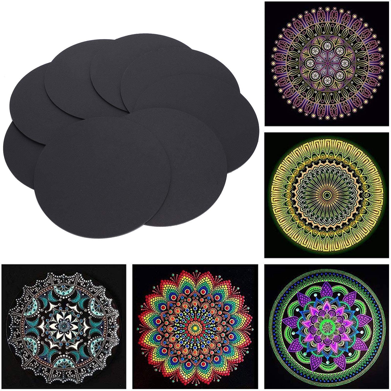 8Pcs Mandala Painting Board Round Black Painting Cardboard Mandala Paper for Mandala Dotting Painting and Drawing