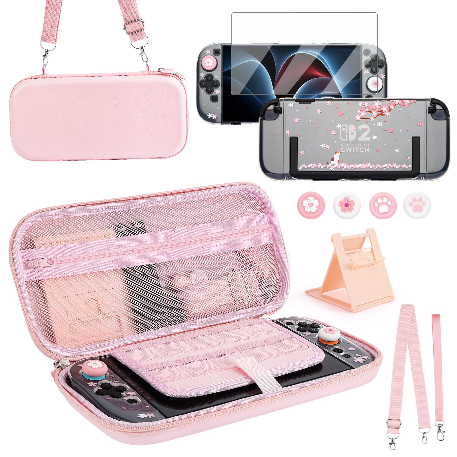 OLDZHU Pink Carrying Case for Switch 2(2025),10 in 1 Switch 2 Accessories Bundle for Girls Include Switch 2 Protective Case, Adjustable Stand,Glass Screen Protector,4 Thumb Grip Caps