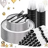 SUT 175 Pcs Black and Clear Plastic Dinnerware Set for 25 Guests, Include: 25 Dinner Plates, 25 Dessert Plates, 25 Pre Rolled Napkins With Silverware, 25 Cups, Disposable Plates for Party