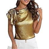 SOLY HUX Women's Metallic Tops Bow Tie Mock Neck Cap Sleeve Elegant Blouse
