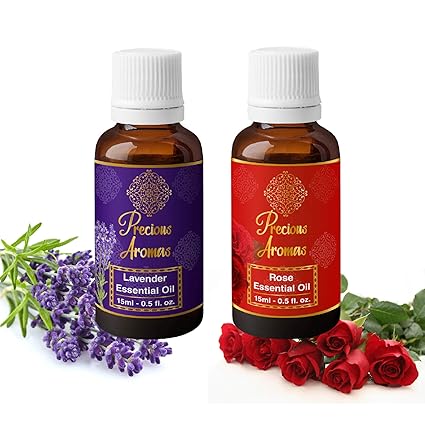 Precious Aromas Lavender & Rose Essential Oil, 15 ml (Pack of 2)