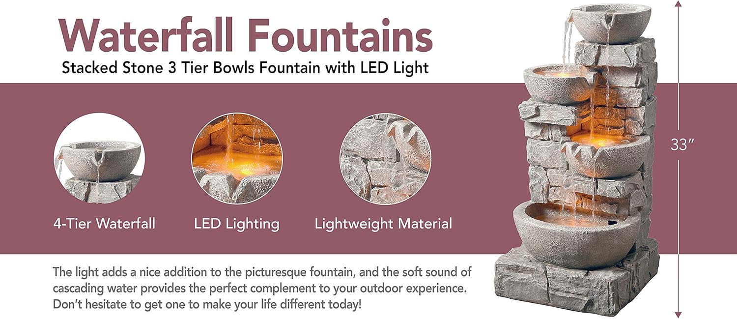Peaktop 201601PT Floor Stacked Stone 4 Tiered Bowls Waterfall Water Fountain for Outdoor Patio Garden Backyard Decking with Led Lights and Pump, 33" Height, Gray : Garden & Outdoor