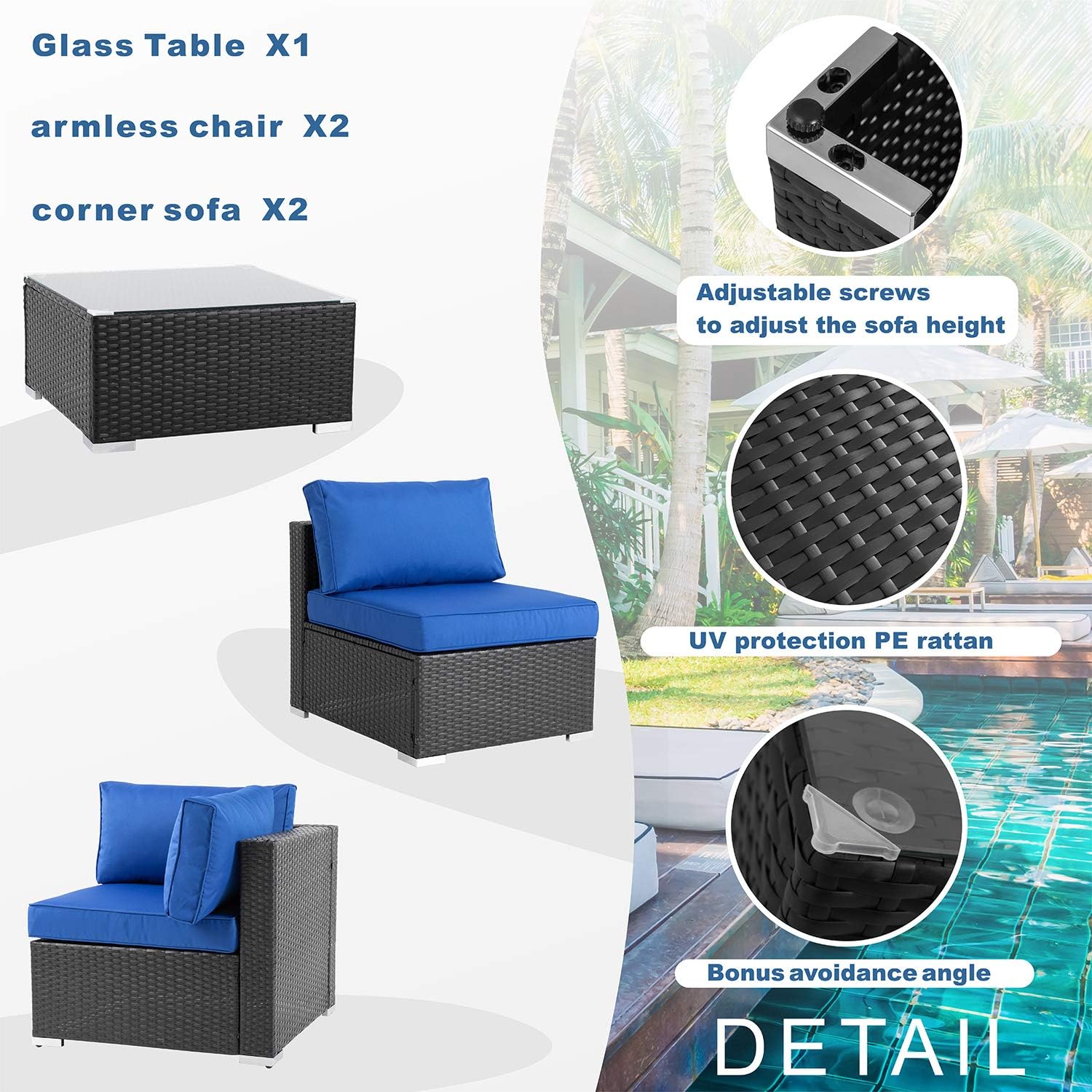 Shintenchi Outdoor Patio Furniture 5 Pieces Sets, All Weather PE Wicker Rattan Patio Conversation Sofa Set Tea Table&Washable Couch Cushions for Backyard Porch Lawn Garden Balcony (Dark Blue) : Garden & Outdoor
