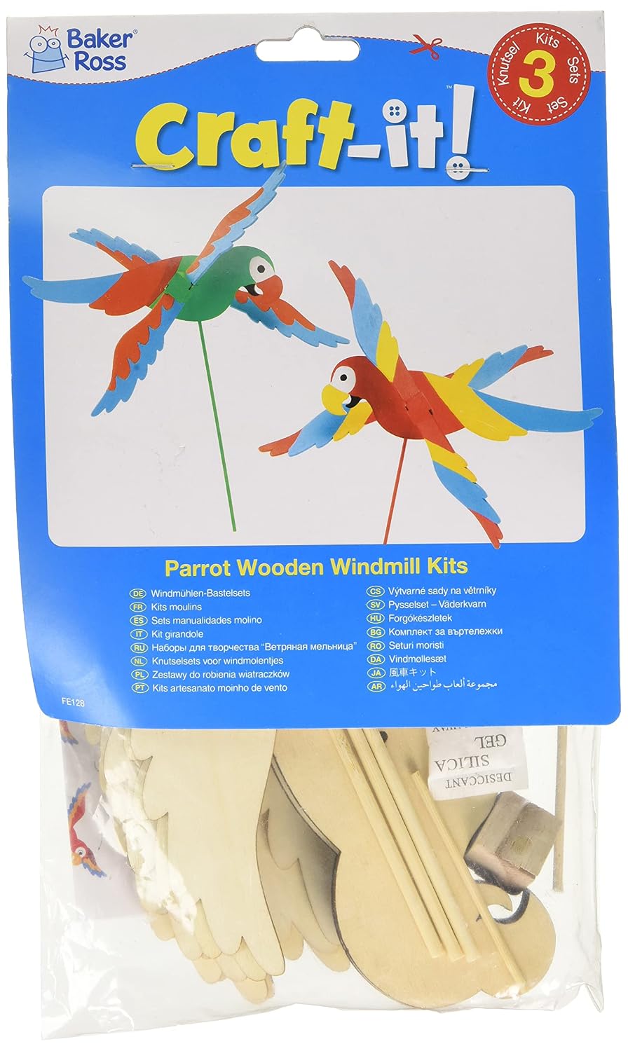 Baker Ross FE128 Parrot Wooden Windmill Kits, Pack of 3