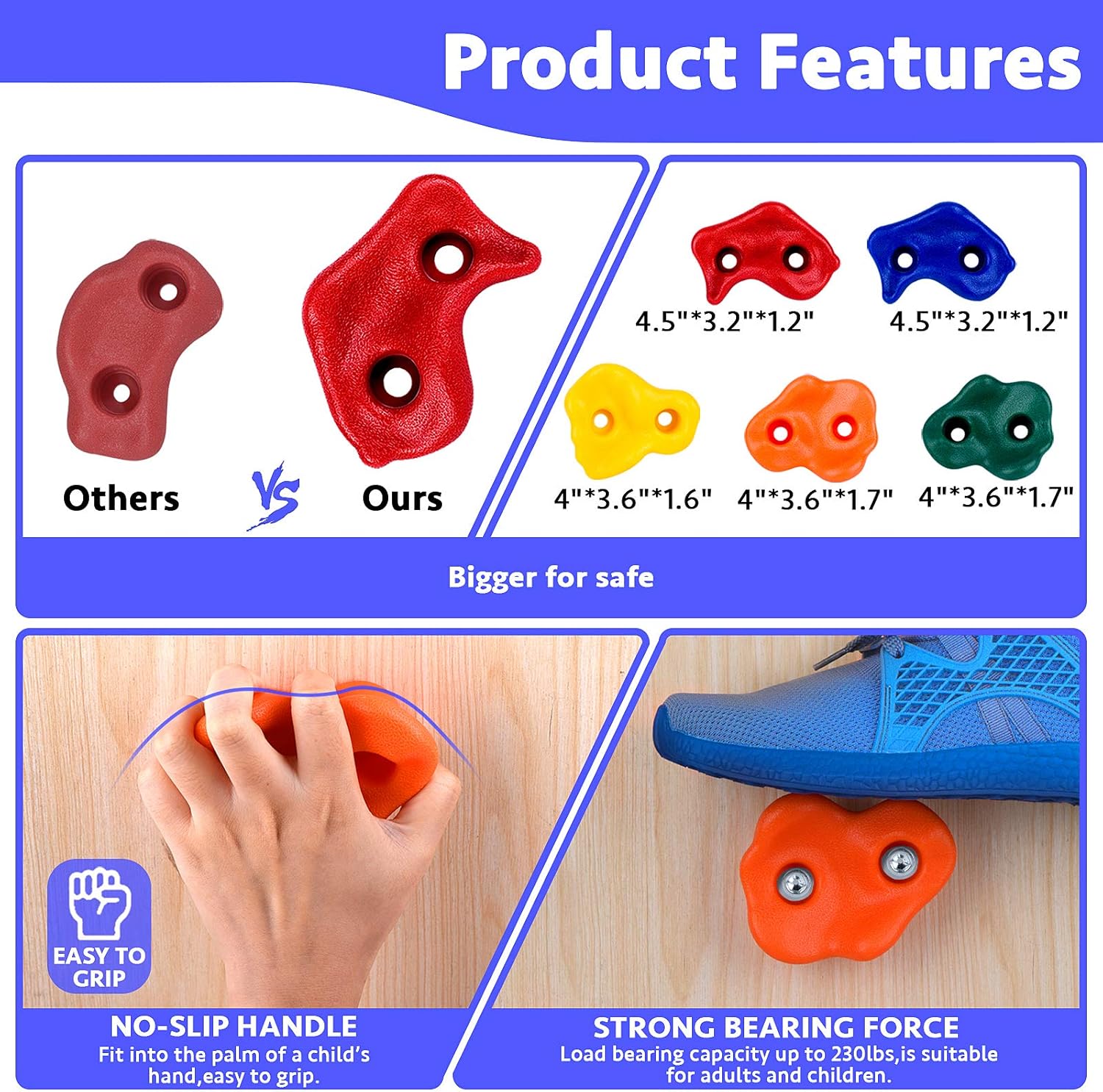 20 Rock Wall Climbing Holds for kids, with 8.53 Foot Climbing Knotted Rope and Handles Indoor and Outdoor Playground Play Set Slide Accessories with 2 Inch Mounting Hardware: Toys & Games