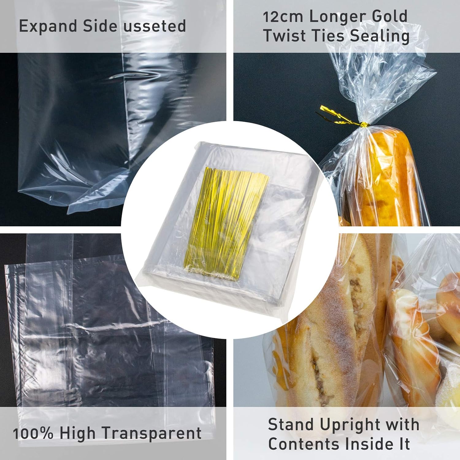Lesibag Bread Gusseted Bags - 100 Clear Plastic Bags for Loafs Home Baking Buns, and Baguettes with Free Twist Ties (18" x 8" x 4")… - Image 3