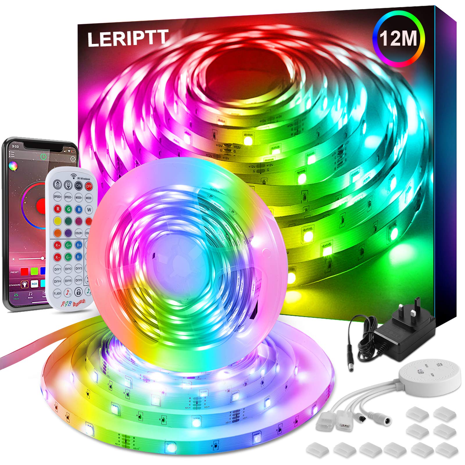 LED Strip Lights with Remote, 12M Music Sync Bluetooth APP Control Led Lights for Bedroom, 44 Key Remote with 4 key Control Box Strip Lights, Colour Changing RGB Led Lights for Bedroom Home TV Kitchen