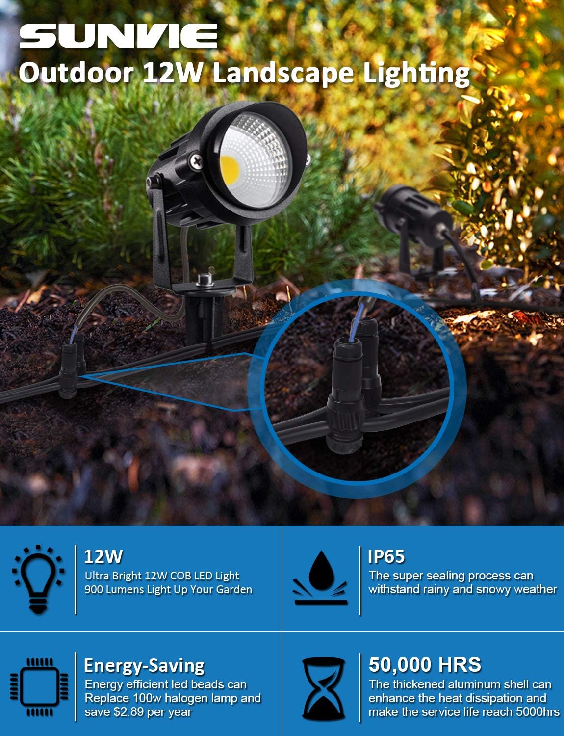 SUNVIE 12W Low Voltage LED Landscape Lights with Connectors, Outdoor 12V Super Warm White (900LM) Waterproof Garden Pathway Lights Wall Tree Flag Spotlights with Spike Stand (10 Pack with Connector) - - 