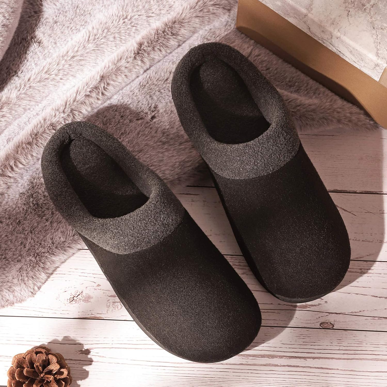  | HomeIdeas Men's Woolen Fabric Memory Foam Anti-Slip House Slippers, Autumn Winter Breathable Indoor Shoes | Slippers