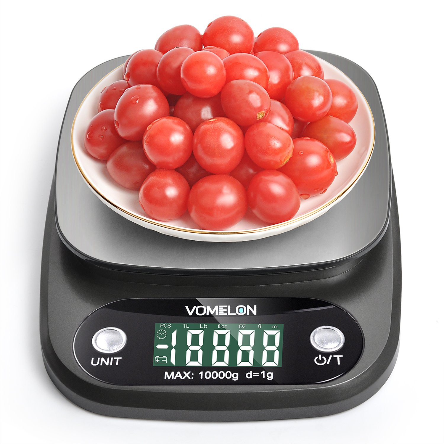 Elektronische Küchenwaage,10kg x 1g, Elektronische Waage mit Größerer Plattform Edelstahloberfläche, Tara-Funktion, Großes LCD-Display