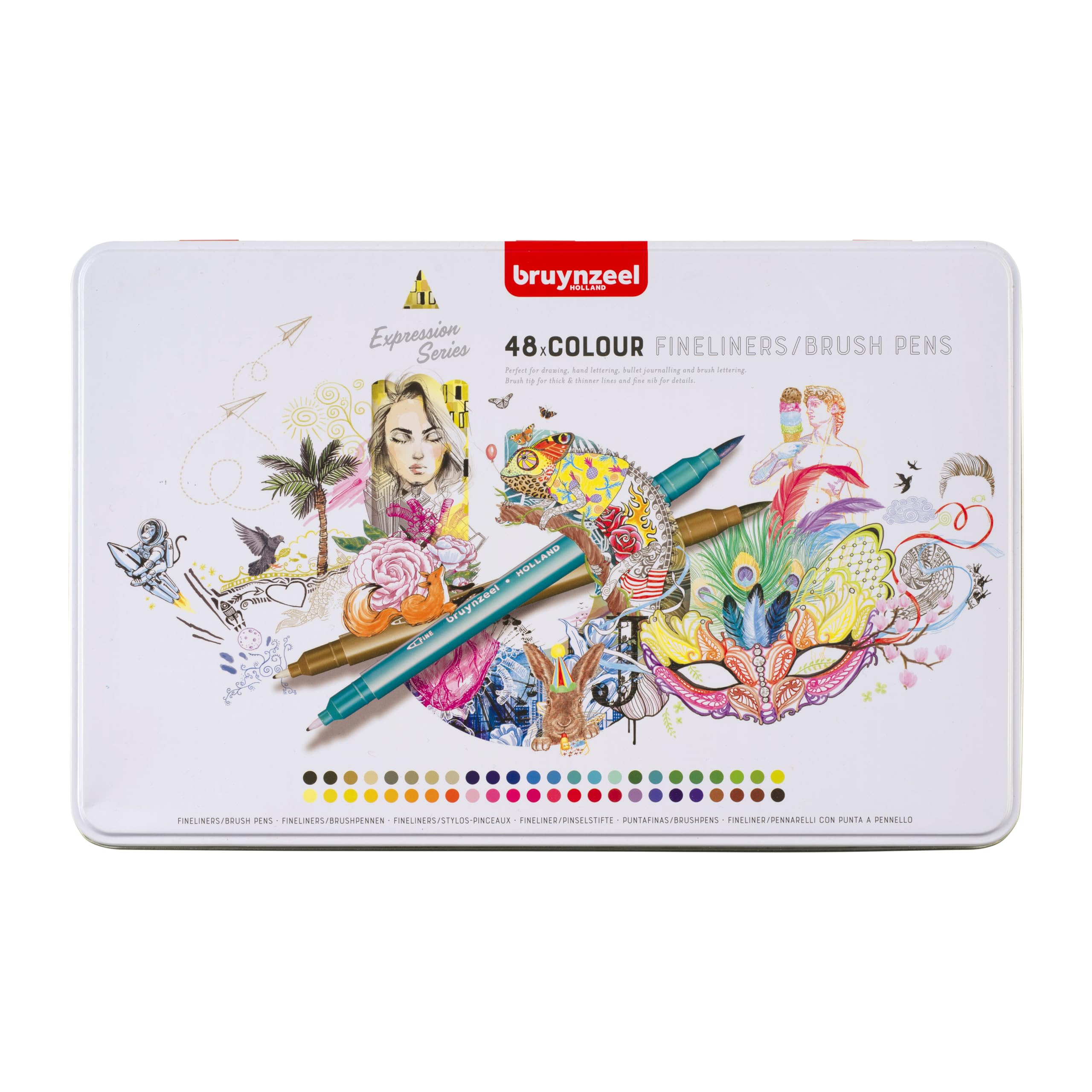 Bruynzeel Creatives Fineliner/Brush Pen Set of 48 Colors | Dual-Tip Pens for Writing, Drawing & Coloring Books for Adults