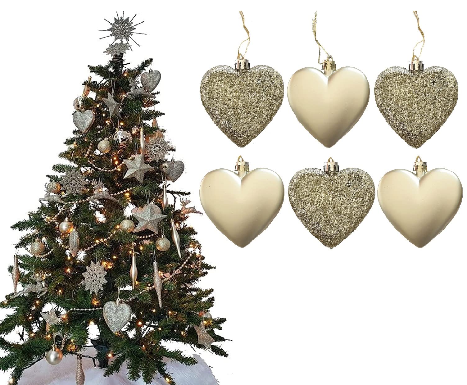 6pc Large Glitter & Matte Heart Baubles - Great Christmas Tree Decorations, Heart Baubles (Champagne Gold)
