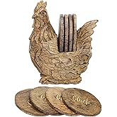 Vintage Rooster Coasters, Set of 4 Resin Coasters in Handmade Cock Stand, Rustic Tabletop Decor for Home & Office