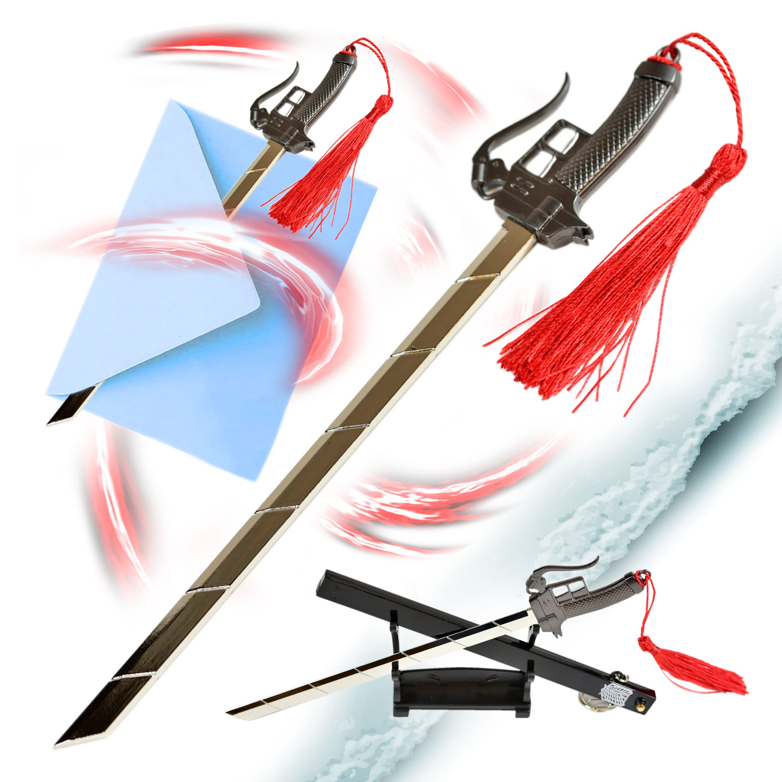 AOT Sword Letter Opener with Sheath and Stand, Miniature Sword Keyring, Stainless Steel, Anime Gift for AOT Fans and Collectors