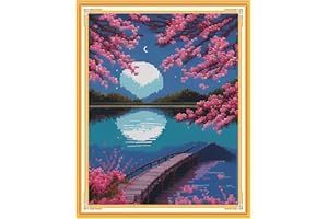 Findvoor Stamped Cross Stitch Kits for Beginners Full Range of Cross Stitching Embroidery Pattern for Kids or Adults, 11CT DIY Needlepoint Embroidery Starter Kits-Moonlight Blossoms 15.7x19.7 inch