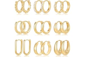 FAXHION 9 Pairs Small Gold/Silver Hoop Huggie Earrings Set for Women, 14K Gold Plated Chunky Hoop Small Earring Hypoallergenic Thick Open Lightweight Chunky Hoop Earrings Jewelry for Gifts