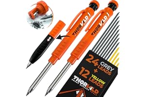 THORVALD 2 Carpenter Pencils Set for Construction - Incl. 38 Leads + Sharpener + Finger Grip - Solid Mechanical Pencils with Fine Point/Best Marking tools Construction/Carpenters/Scriber
